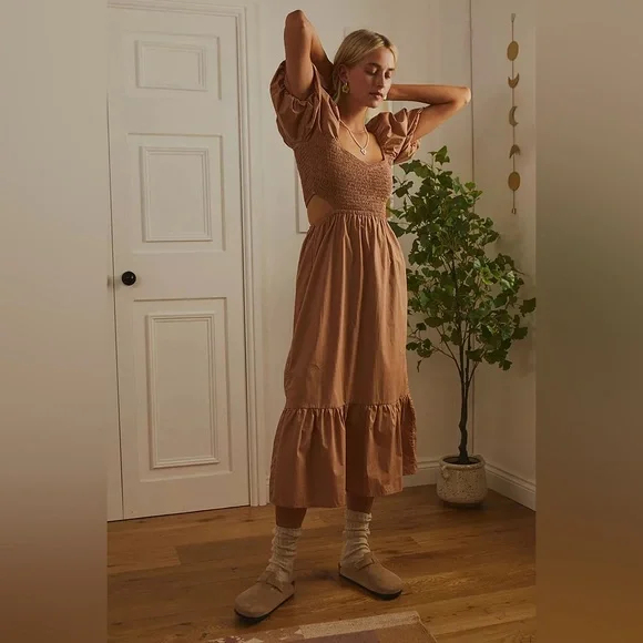 Anthropologie Faithfull the Brand Bloom Smock Midi Dress Hazelnut - Size 10/XL - Picture 3 of 11